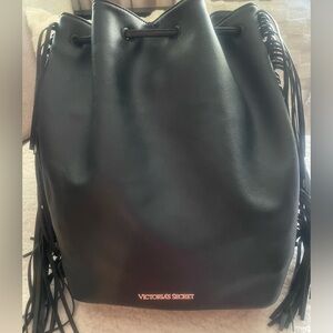 Victoria's Secret Faux Leather Black Sling Hobo Tote Backpack with Fringe
